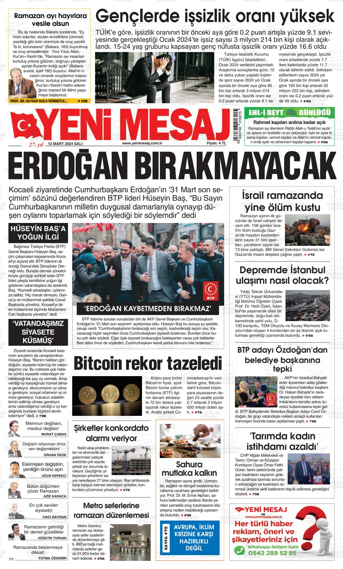 12 Mart 2024 Yeni Mesaj Gazete Manşeti