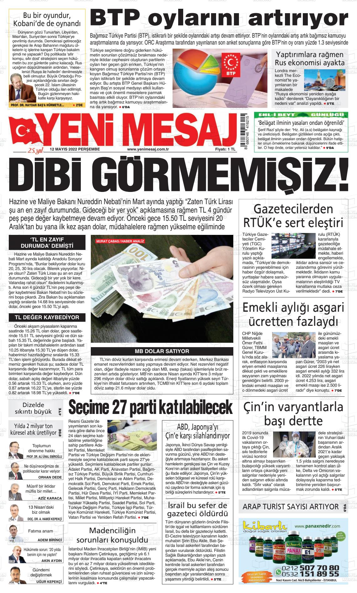 12 Mayıs 2022 Yeni Mesaj Gazete Manşeti