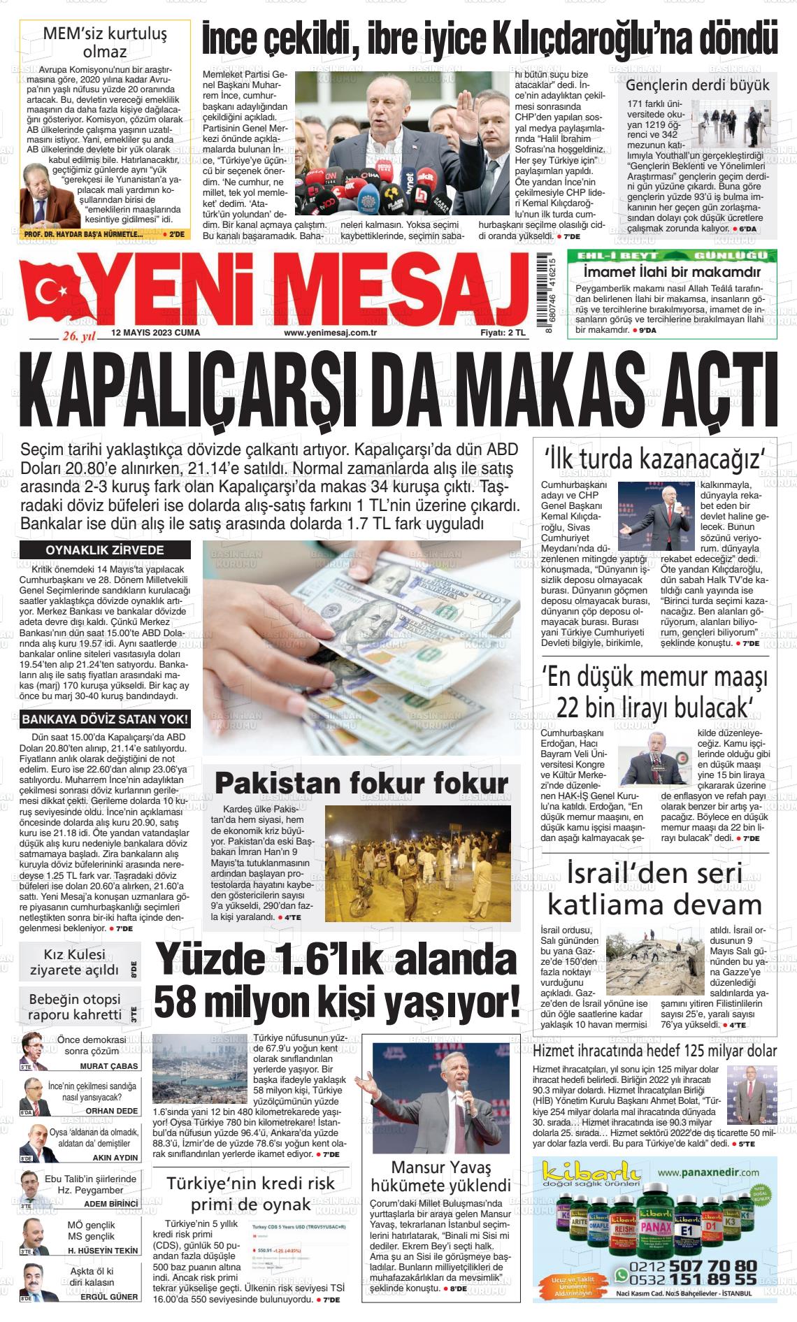 12 Mayıs 2023 Yeni Mesaj Gazete Manşeti