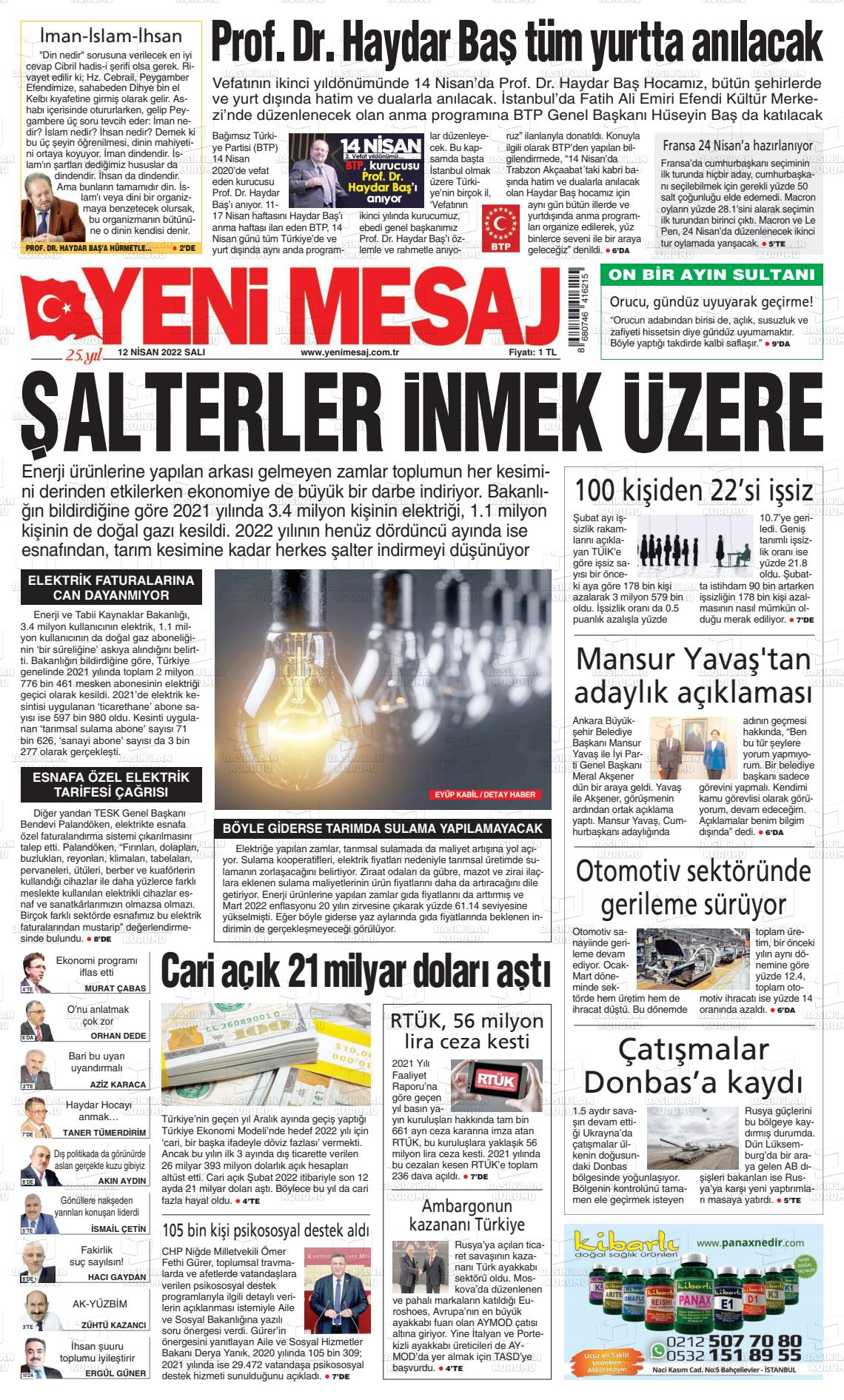 12 Nisan 2022 Yeni Mesaj Gazete Manşeti