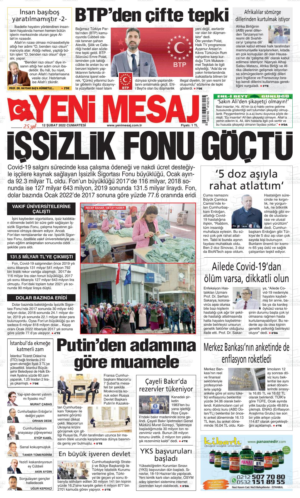 12 Şubat 2022 Yeni Mesaj Gazete Manşeti