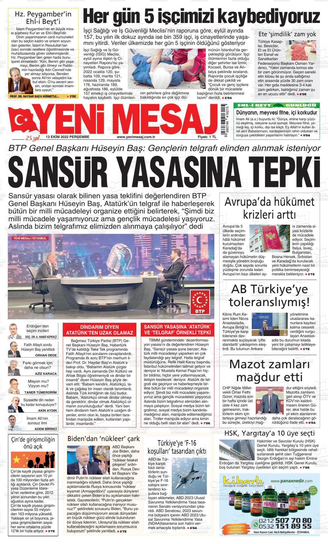 13 Ekim 2022 Yeni Mesaj Gazete Manşeti