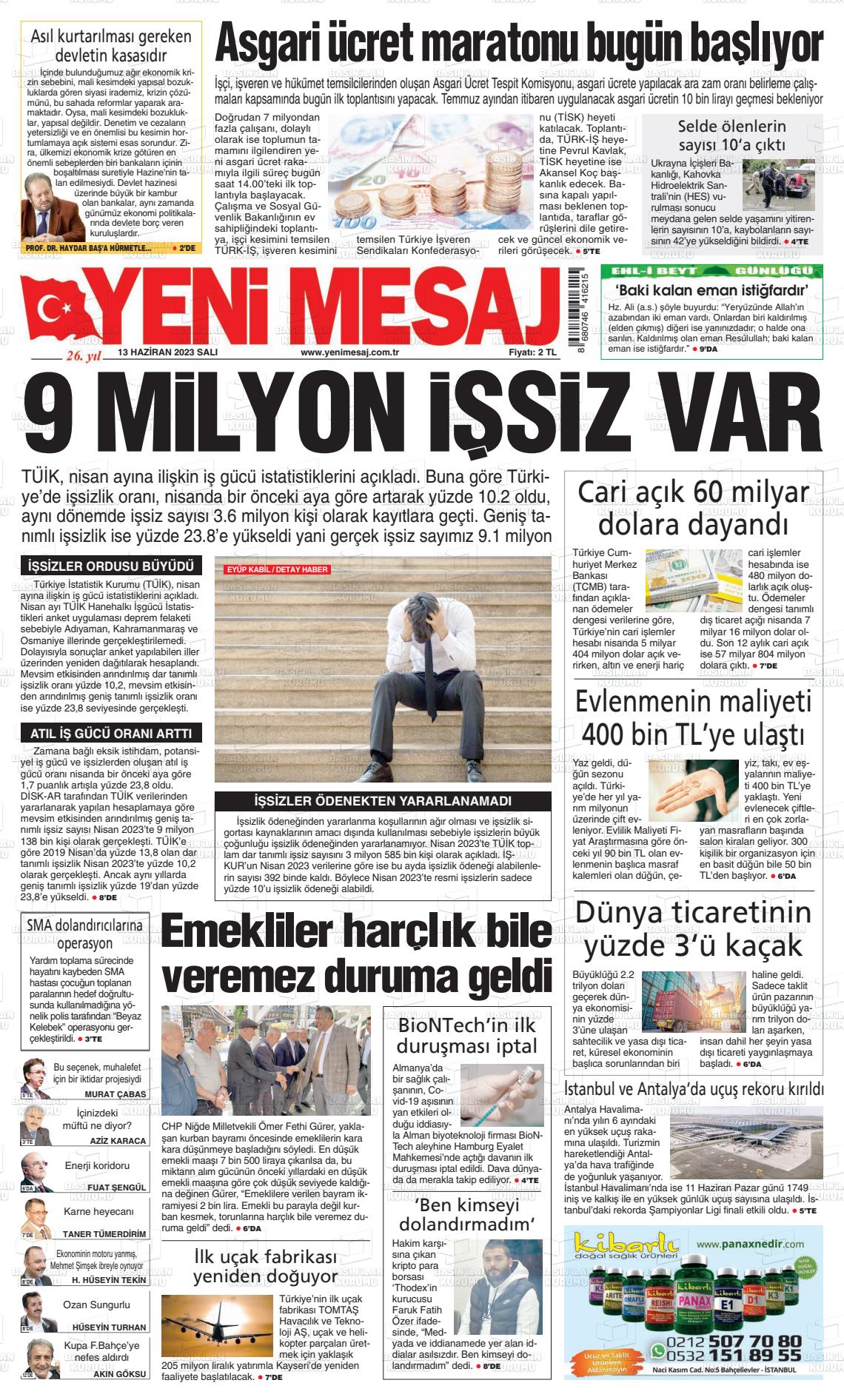 13 Haziran 2023 Yeni Mesaj Gazete Manşeti