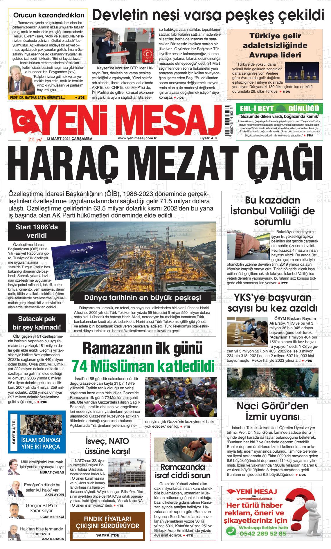 13 Mart 2024 Yeni Mesaj Gazete Manşeti