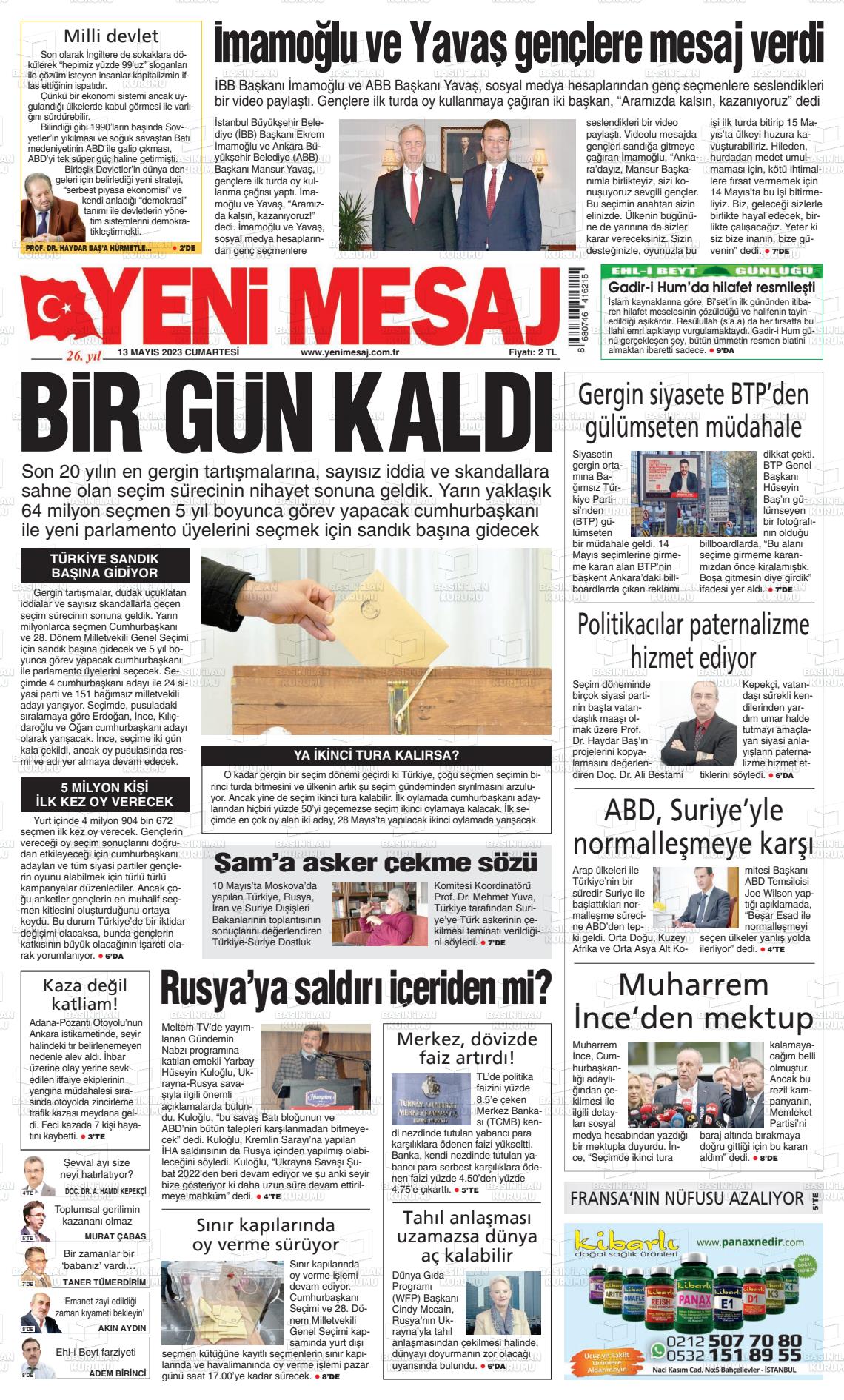 13 Mayıs 2023 Yeni Mesaj Gazete Manşeti