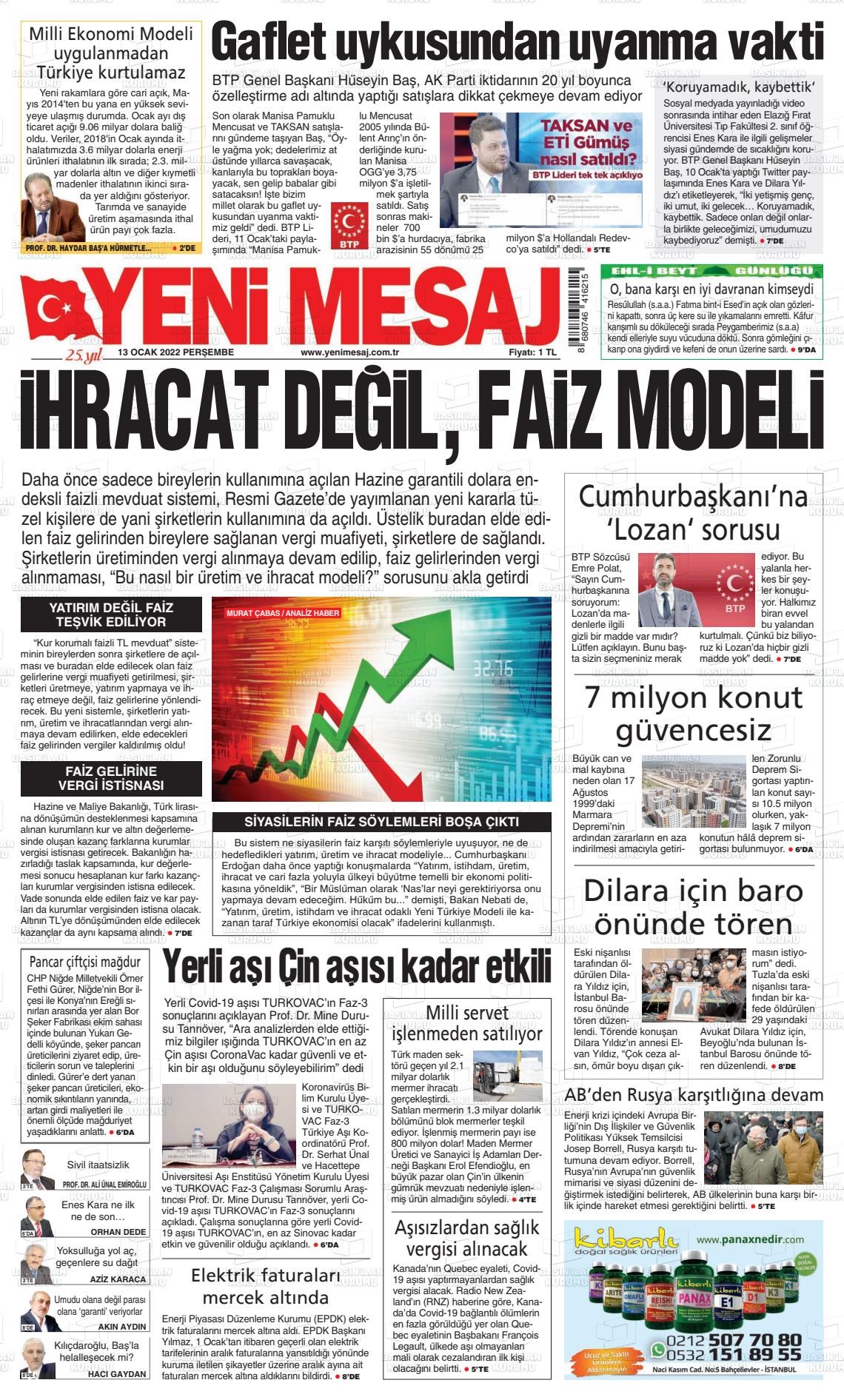 13 Ocak 2022 Yeni Mesaj Gazete Manşeti