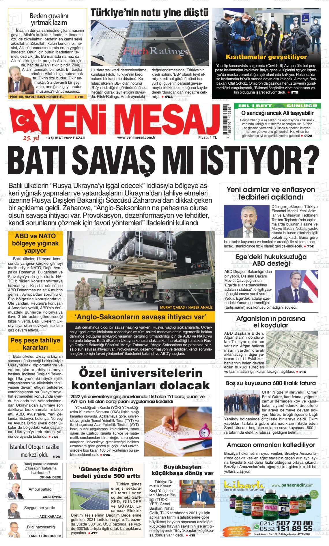 13 Şubat 2022 Yeni Mesaj Gazete Manşeti