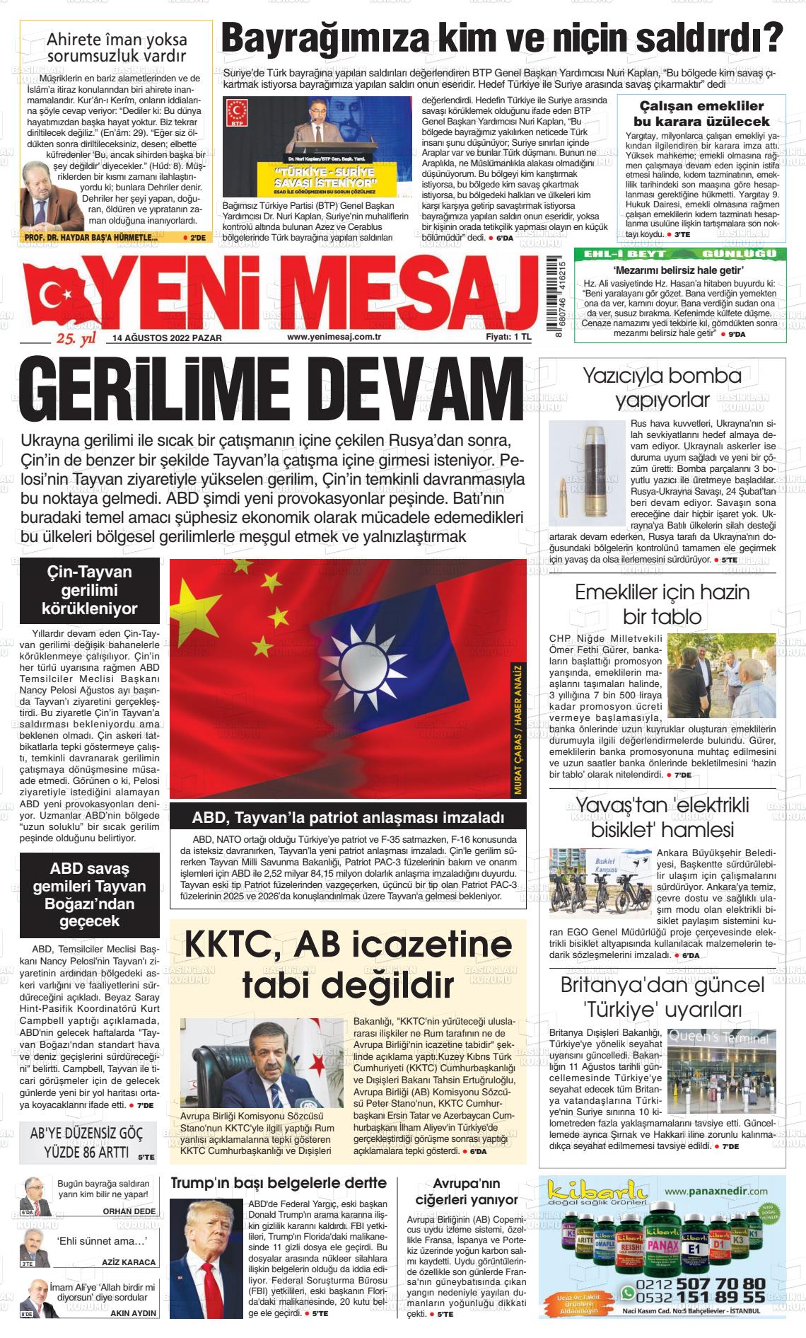 14 Ağustos 2022 Yeni Mesaj Gazete Manşeti