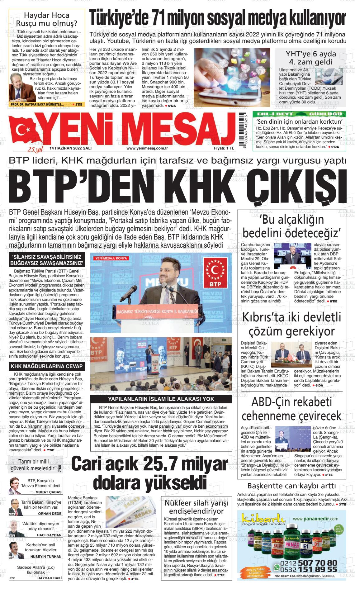 14 Haziran 2022 Yeni Mesaj Gazete Manşeti