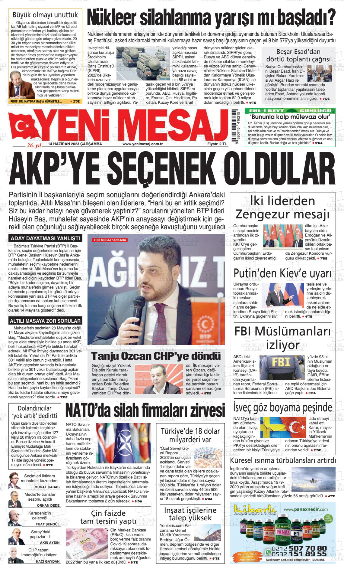 14 Haziran 2023 Yeni Mesaj Gazete Manşeti