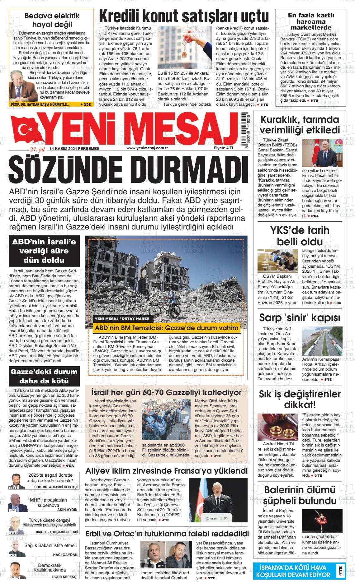 14 Kasım 2024 Yeni Mesaj Gazete Manşeti