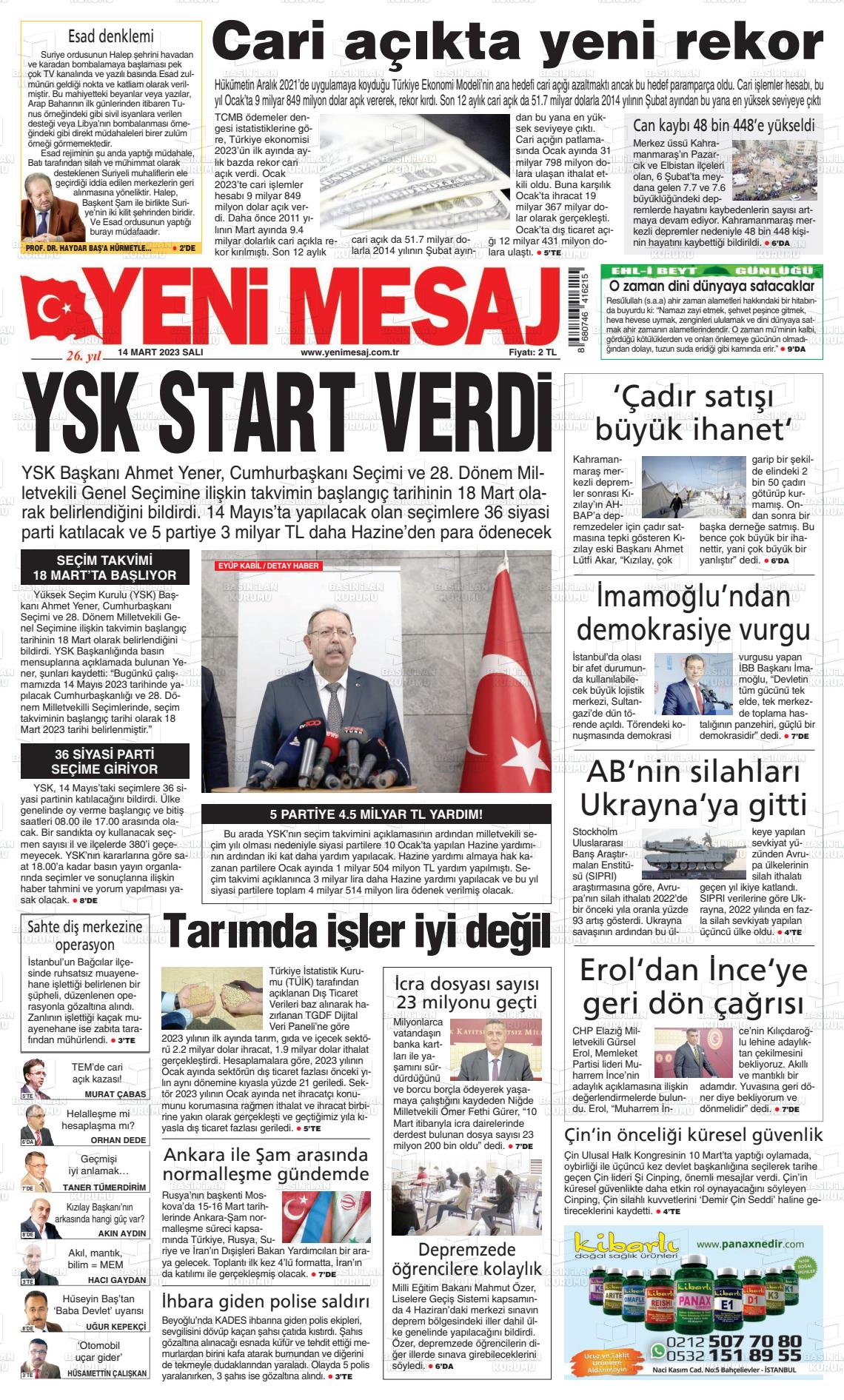 14 Mart 2023 Yeni Mesaj Gazete Manşeti