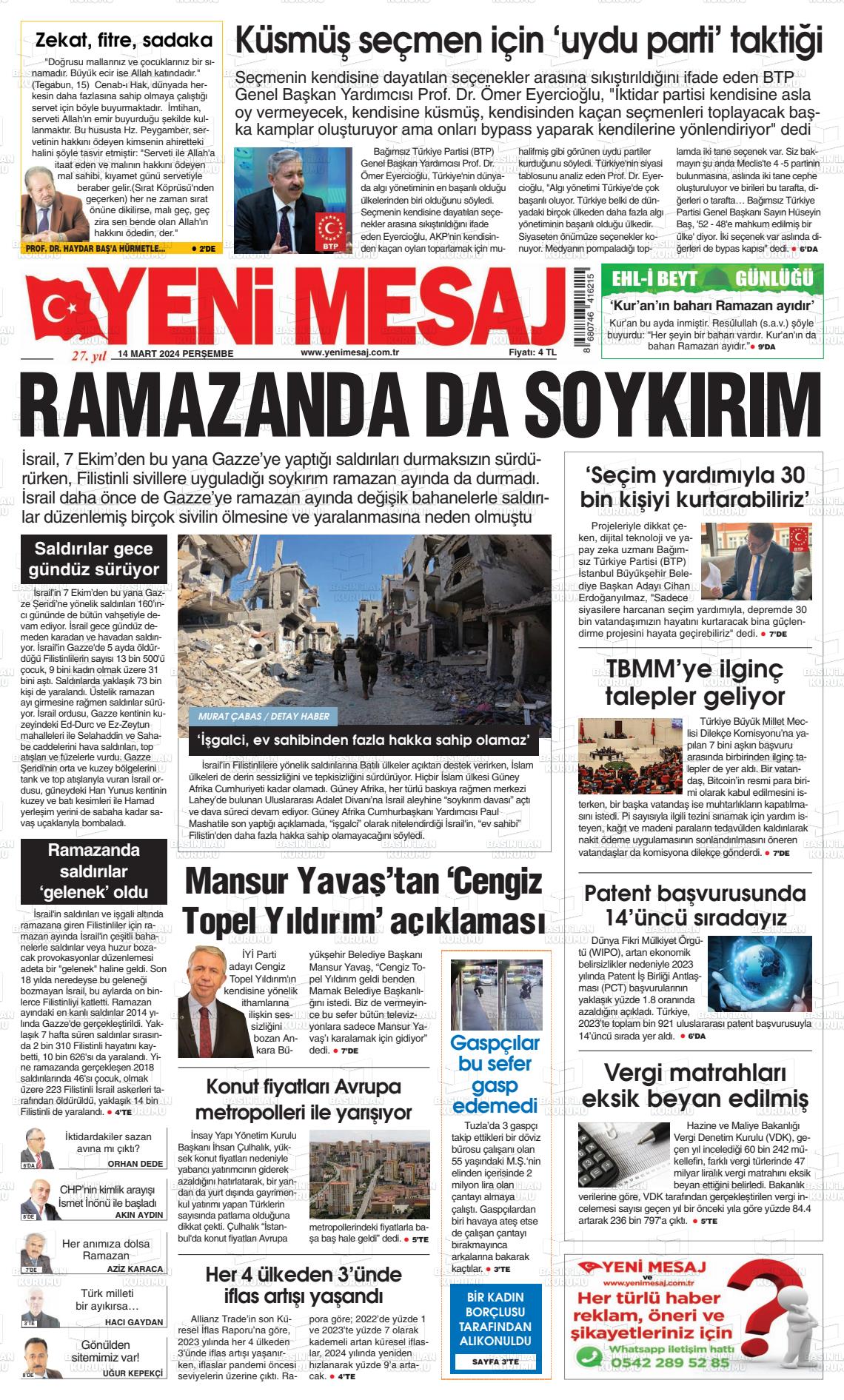 14 Mart 2024 Yeni Mesaj Gazete Manşeti