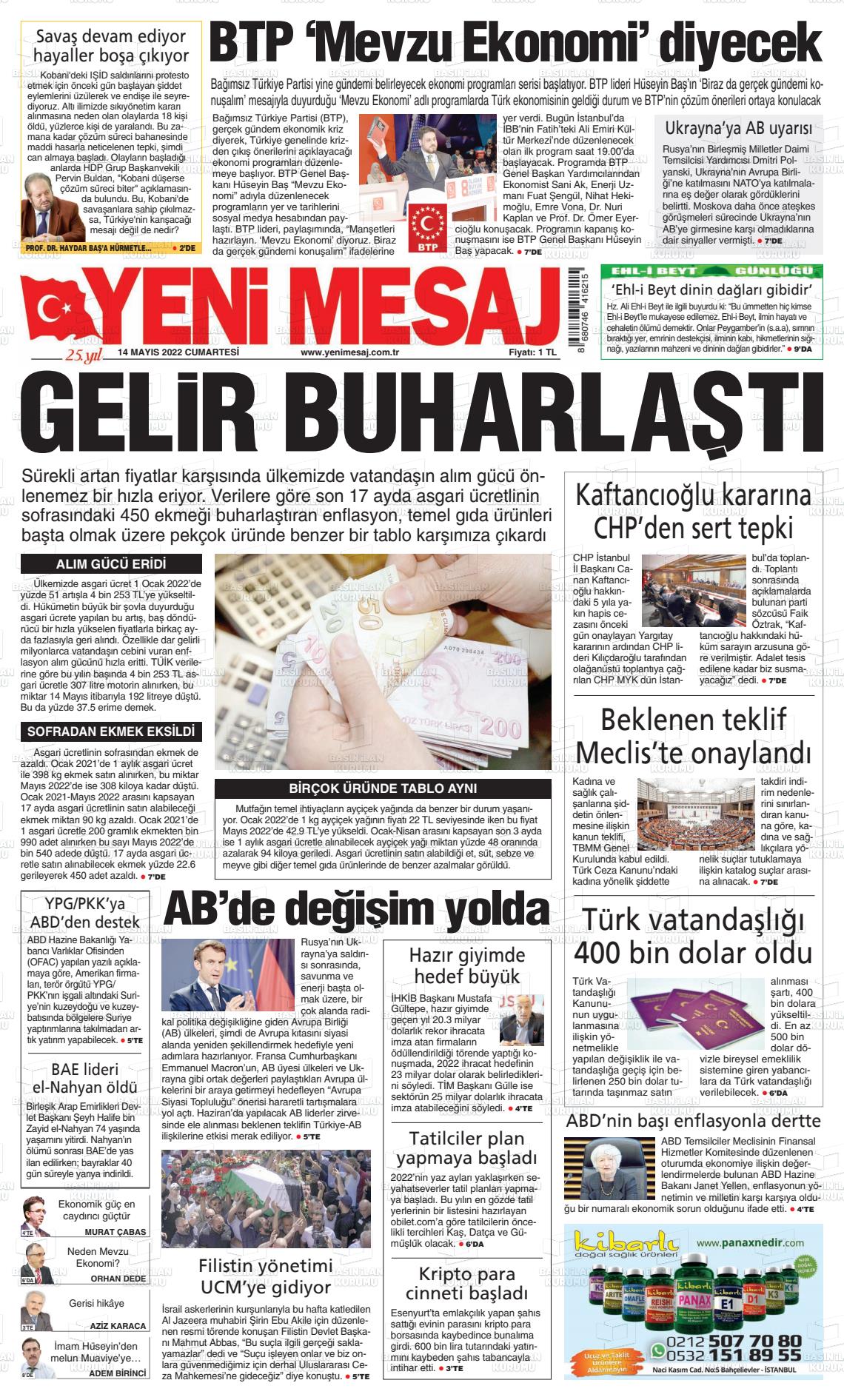 14 Mayıs 2022 Yeni Mesaj Gazete Manşeti