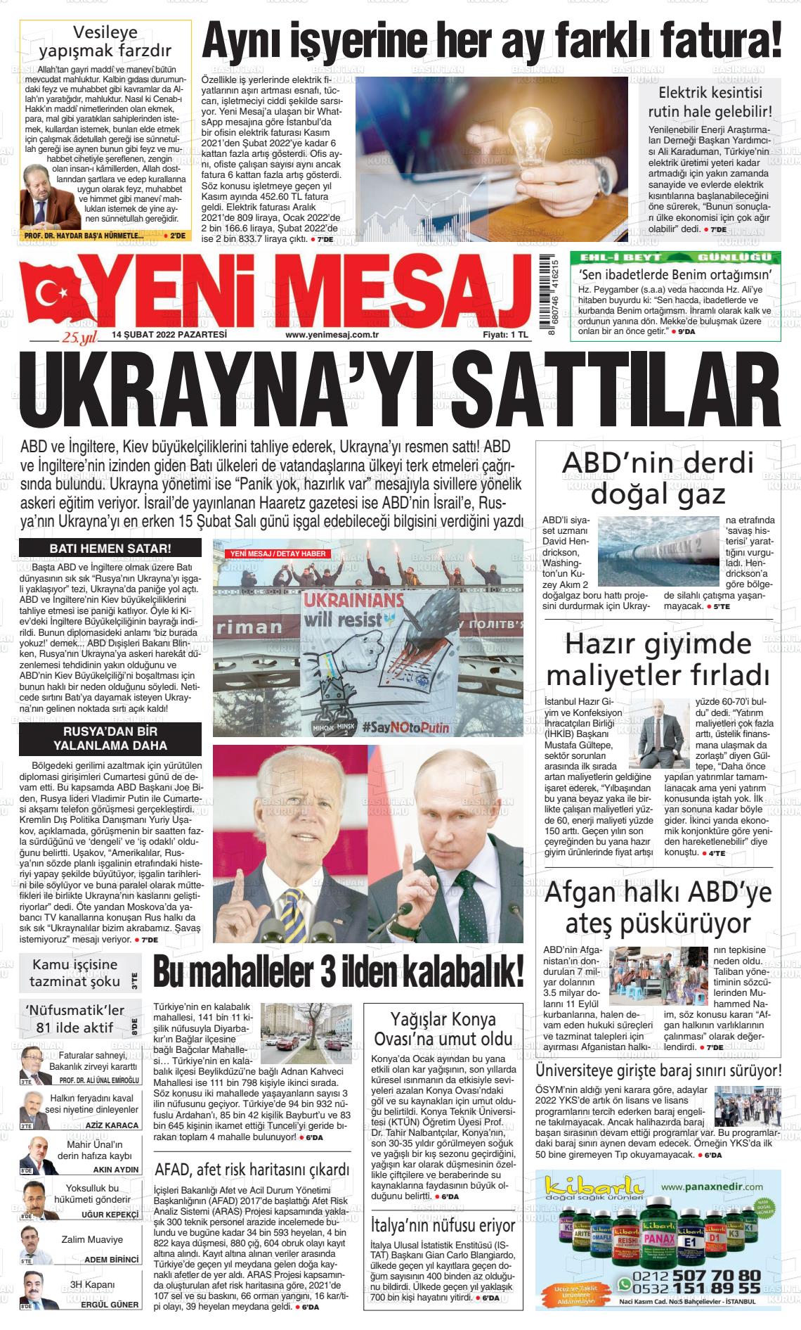 14 Şubat 2022 Yeni Mesaj Gazete Manşeti