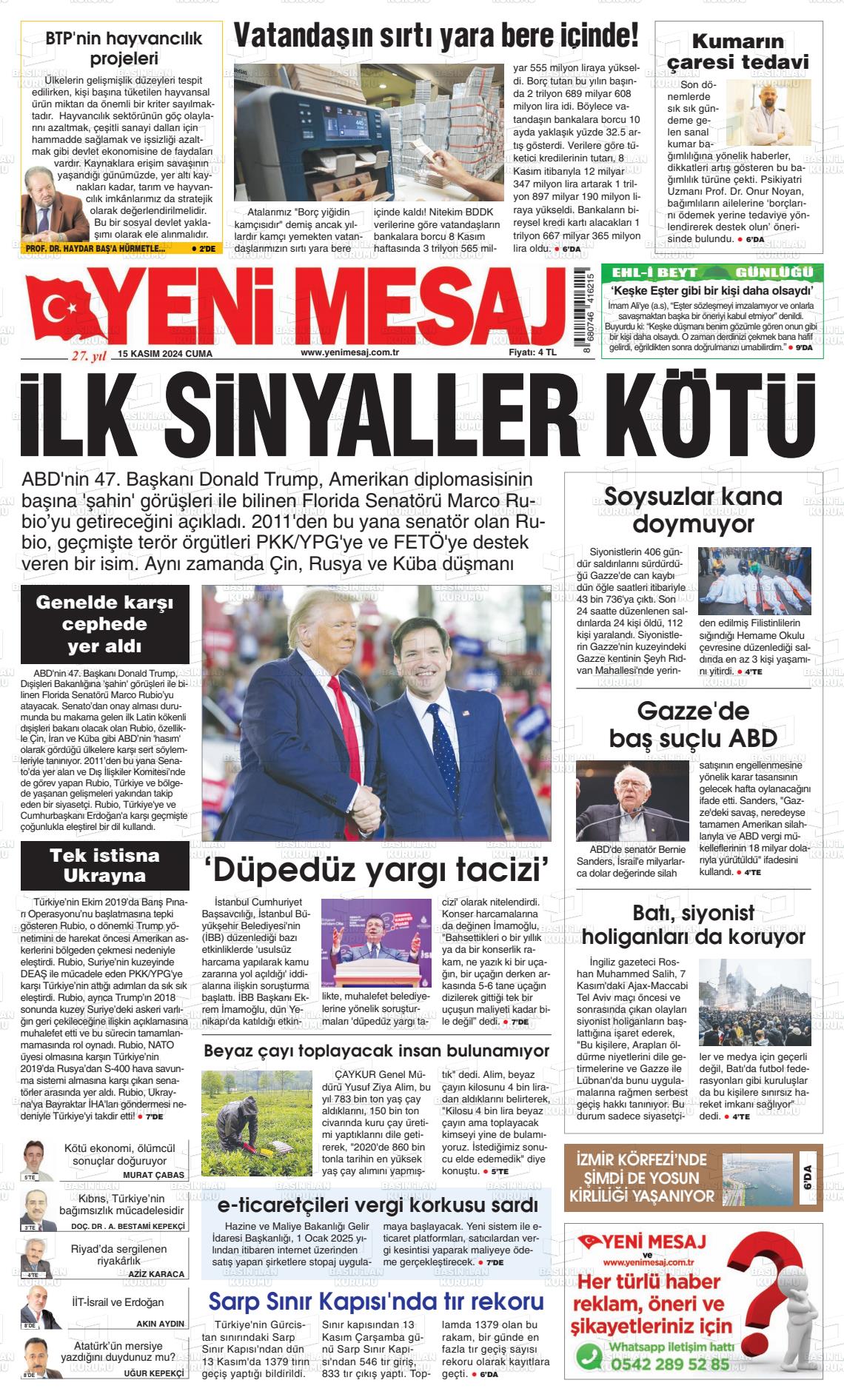 15 Kasım 2024 Yeni Mesaj Gazete Manşeti