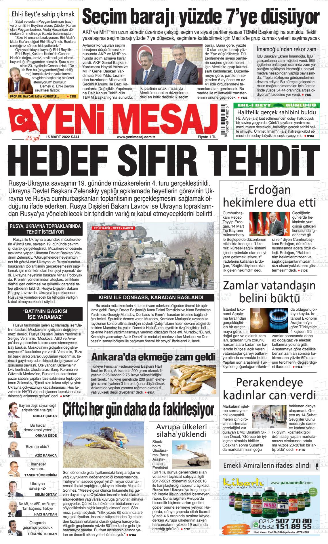 15 Mart 2022 Yeni Mesaj Gazete Manşeti