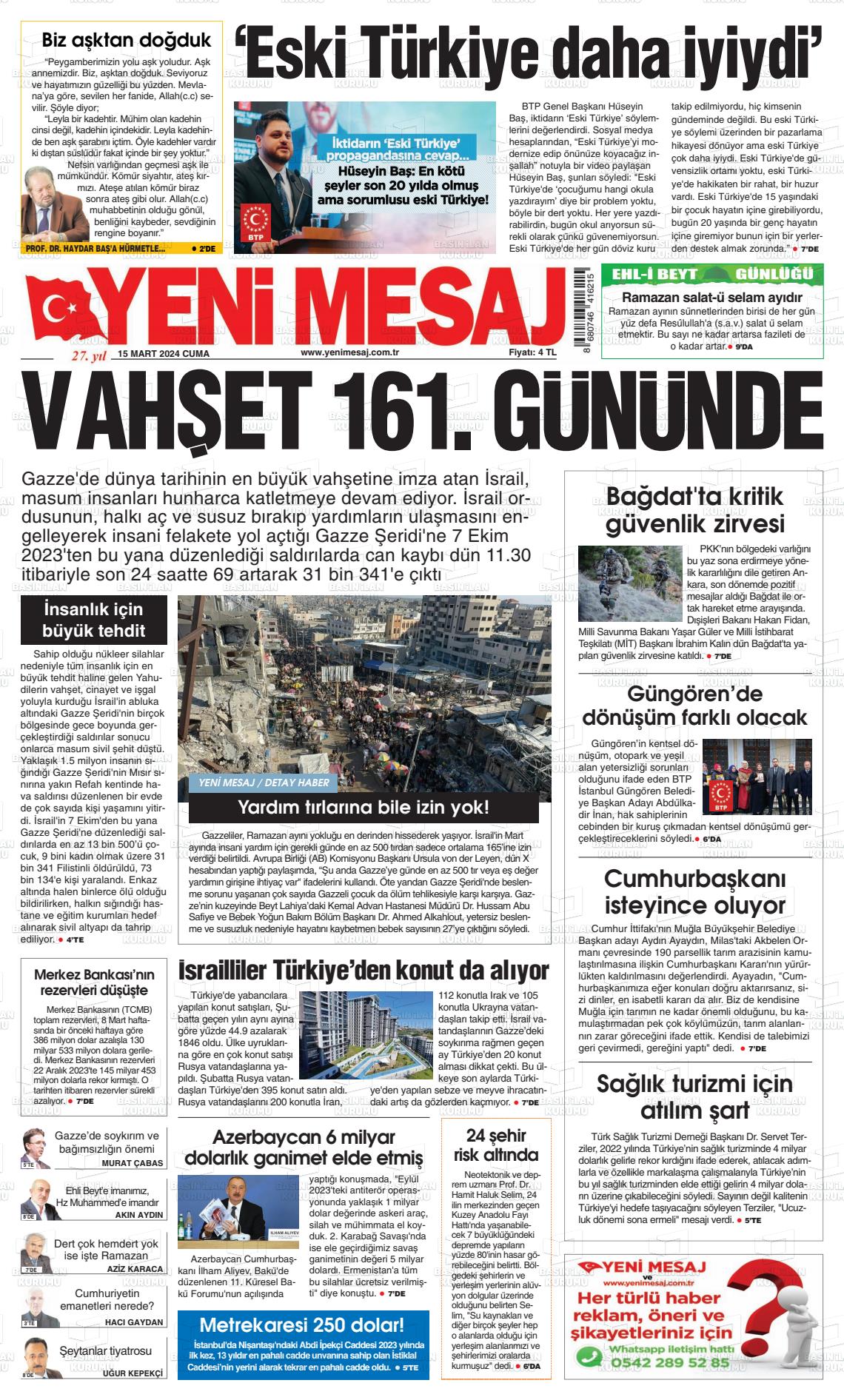 15 Mart 2024 Yeni Mesaj Gazete Manşeti