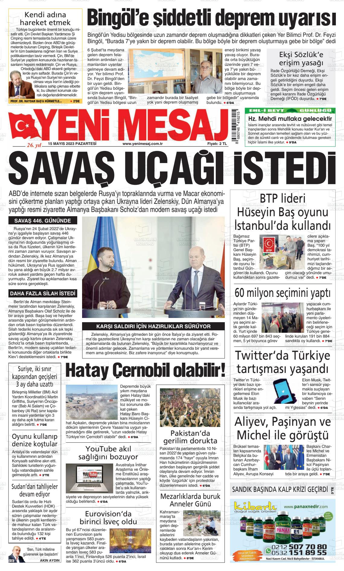 15 Mayıs 2023 Yeni Mesaj Gazete Manşeti