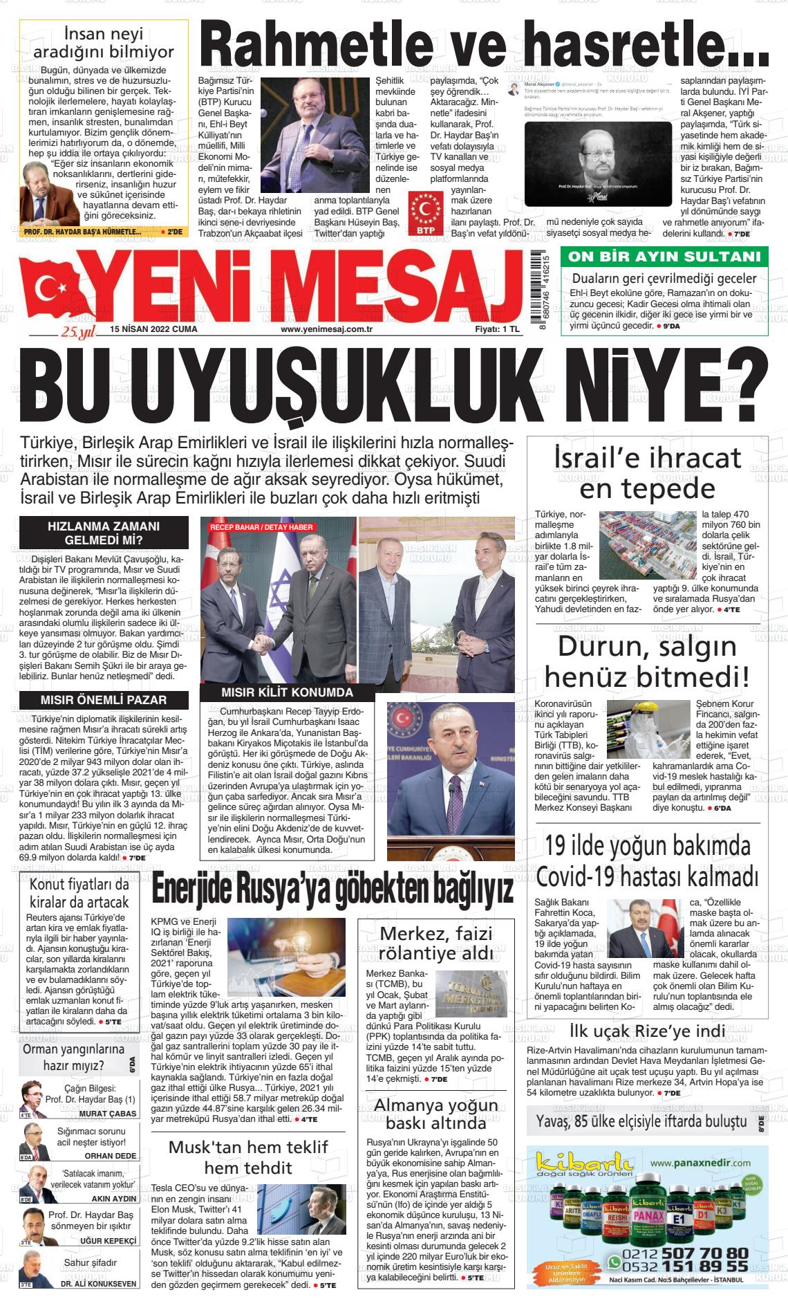 15 Nisan 2022 Yeni Mesaj Gazete Manşeti