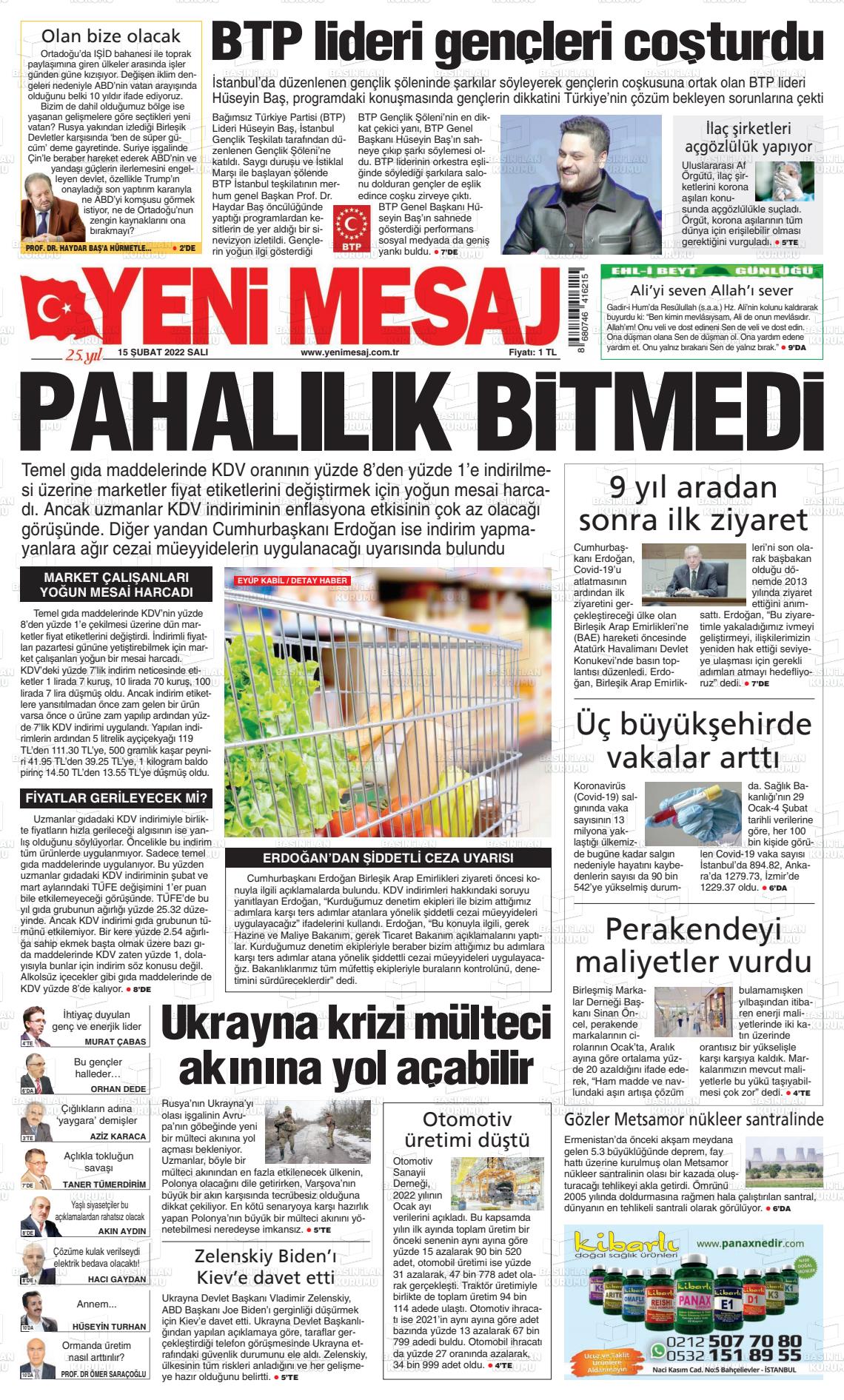 15 Şubat 2022 Yeni Mesaj Gazete Manşeti