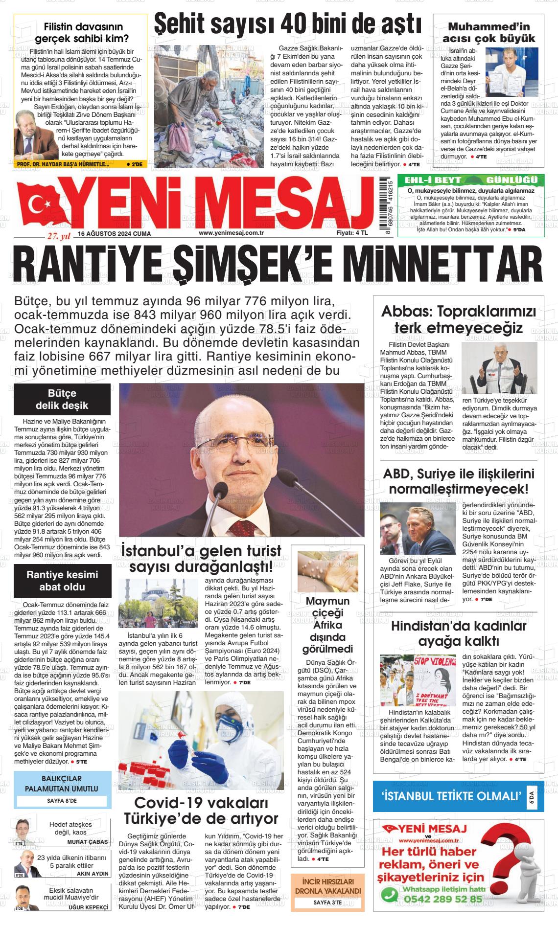 16 Ağustos 2024 Yeni Mesaj Gazete Manşeti