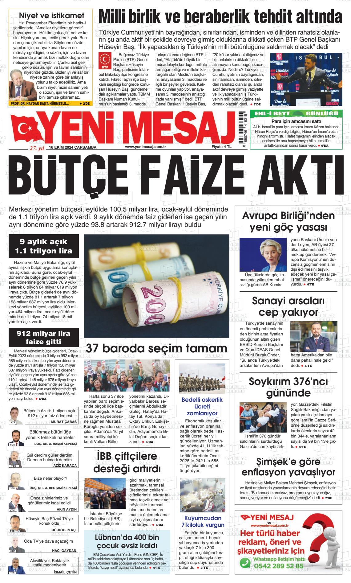 16 Ekim 2024 Yeni Mesaj Gazete Manşeti