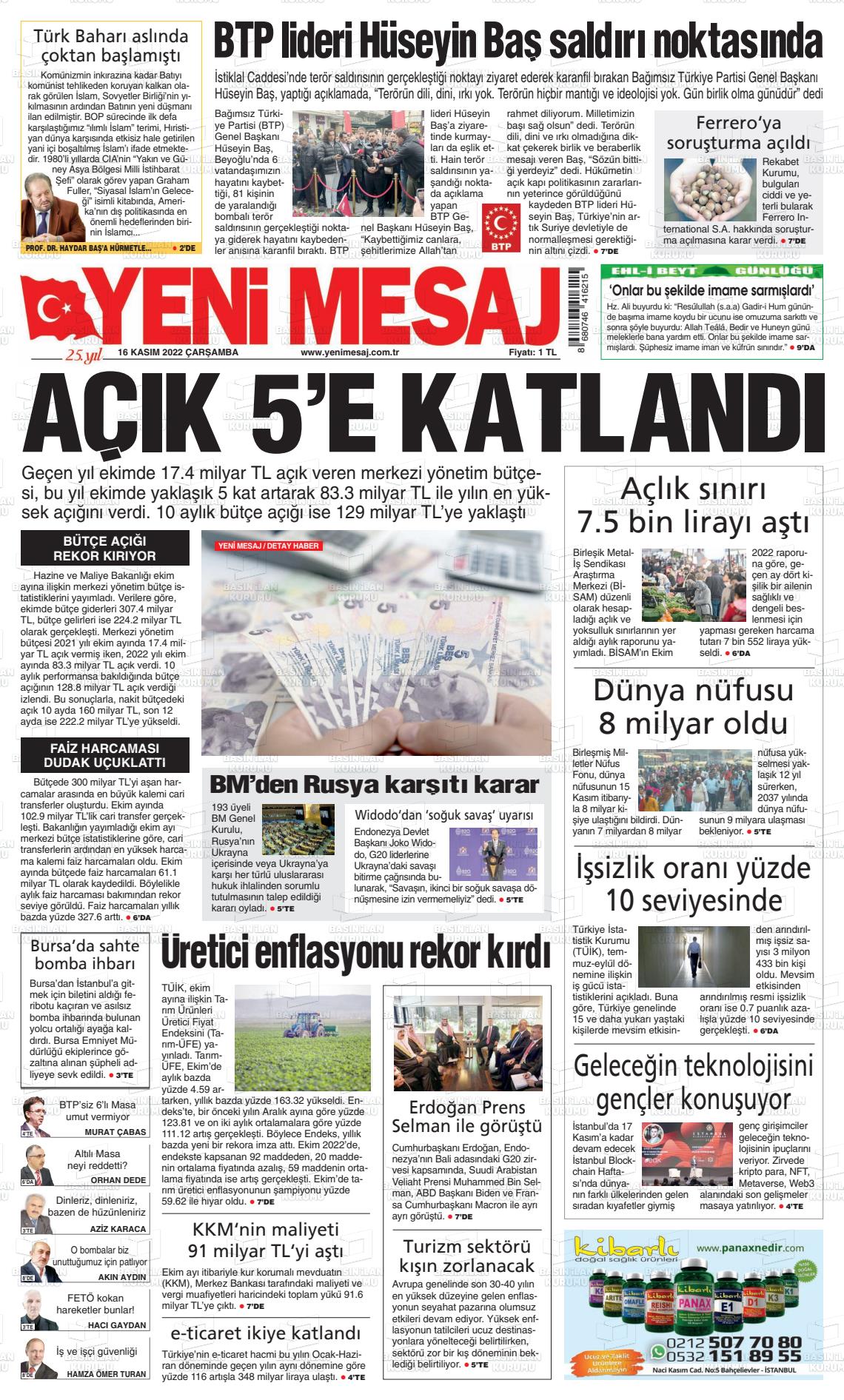 16 Kasım 2022 Yeni Mesaj Gazete Manşeti