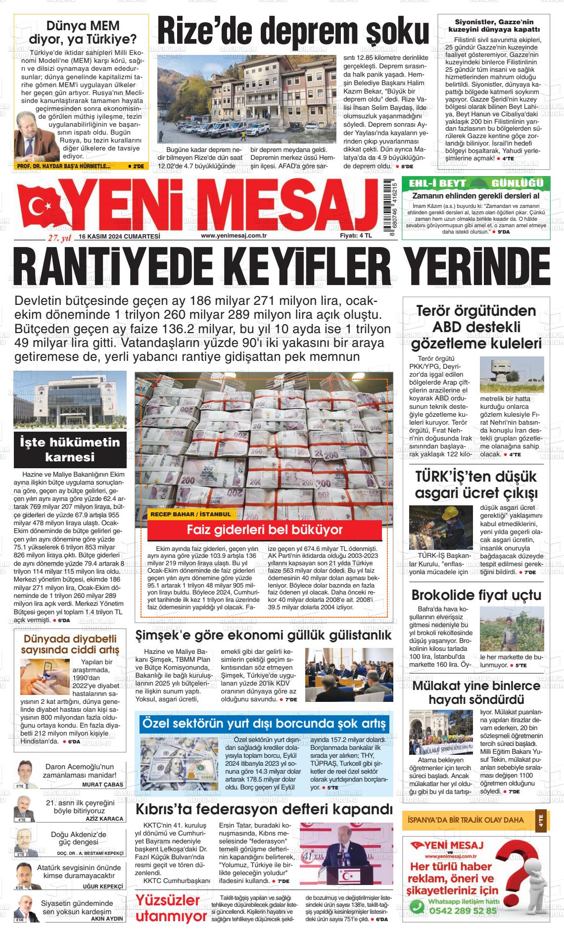 16 Kasım 2024 Yeni Mesaj Gazete Manşeti