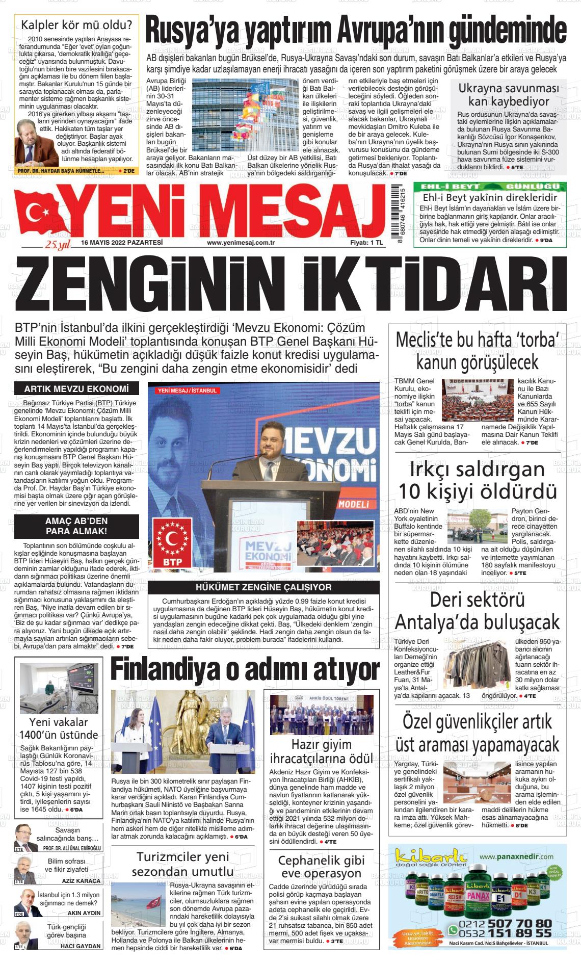 16 Mayıs 2022 Yeni Mesaj Gazete Manşeti