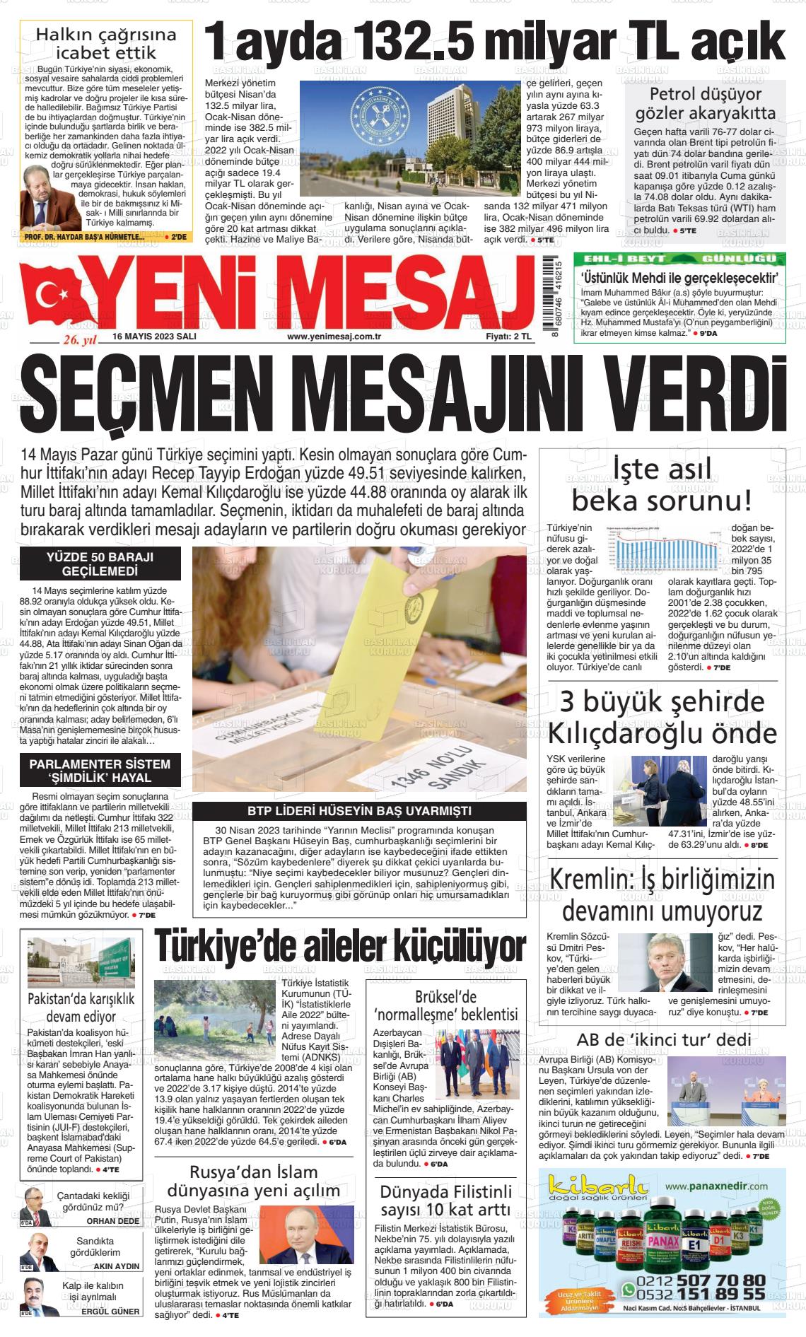 16 Mayıs 2023 Yeni Mesaj Gazete Manşeti