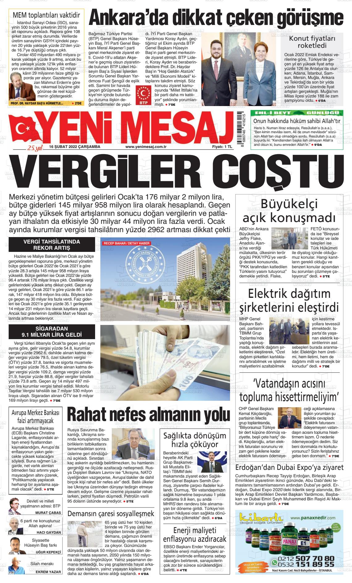 16 Şubat 2022 Yeni Mesaj Gazete Manşeti