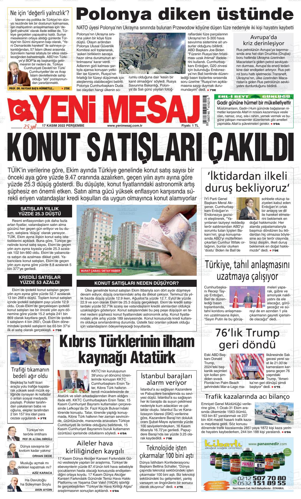 17 Kasım 2022 Yeni Mesaj Gazete Manşeti