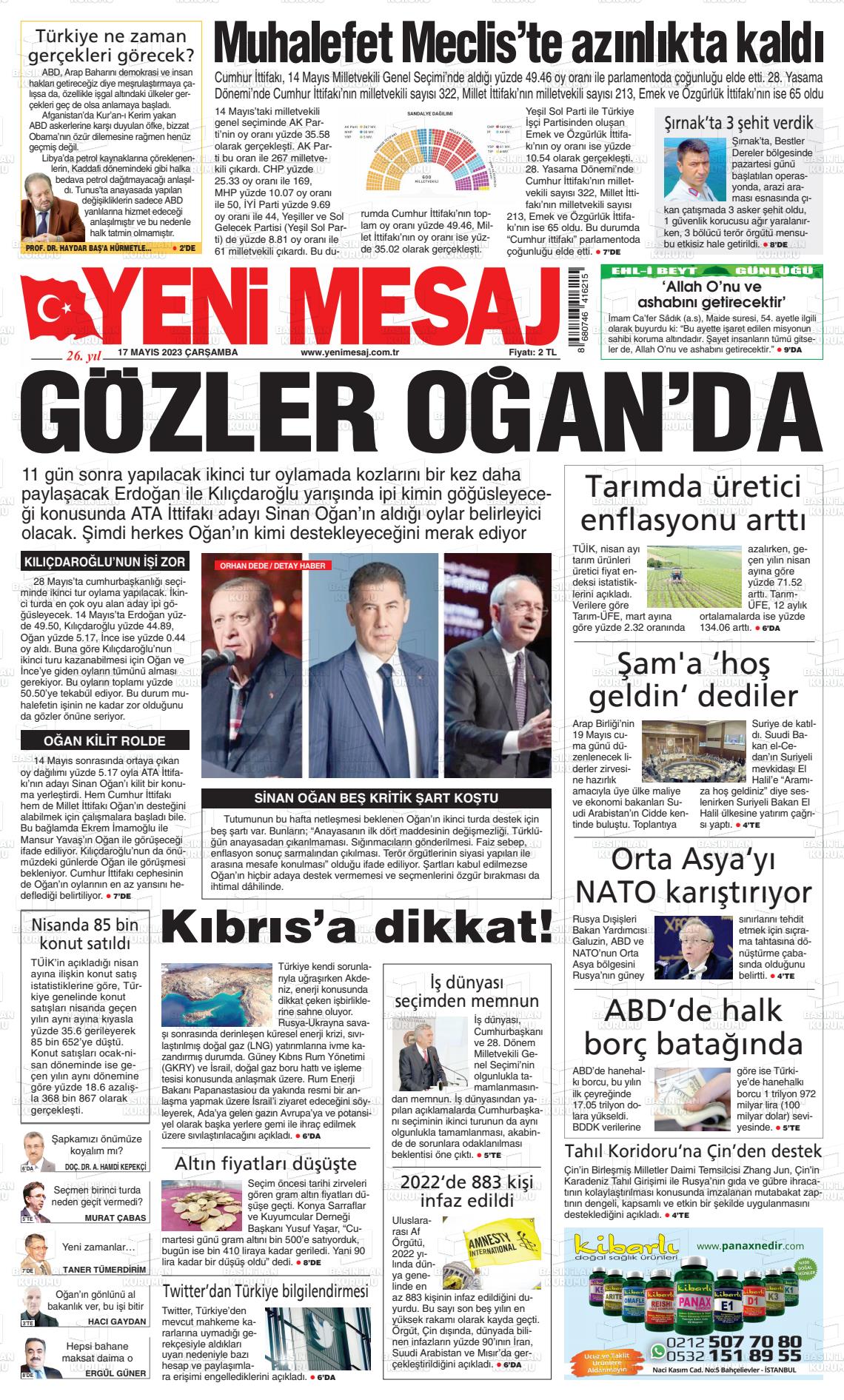 17 Mayıs 2023 Yeni Mesaj Gazete Manşeti