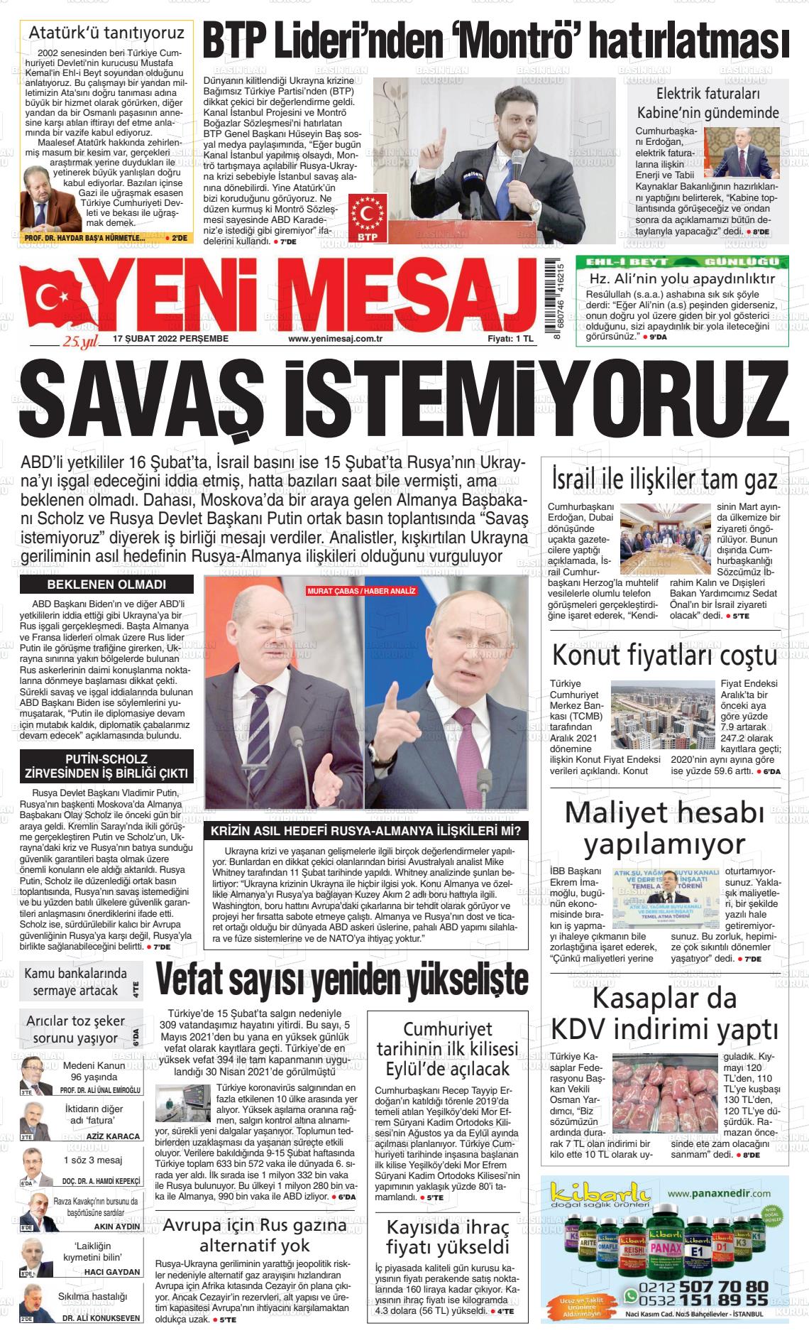 17 Şubat 2022 Yeni Mesaj Gazete Manşeti