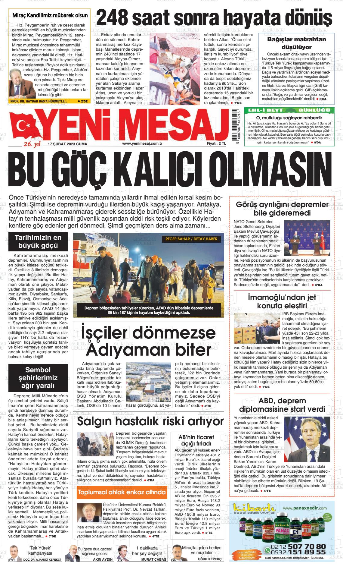 17 Şubat 2023 Yeni Mesaj Gazete Manşeti