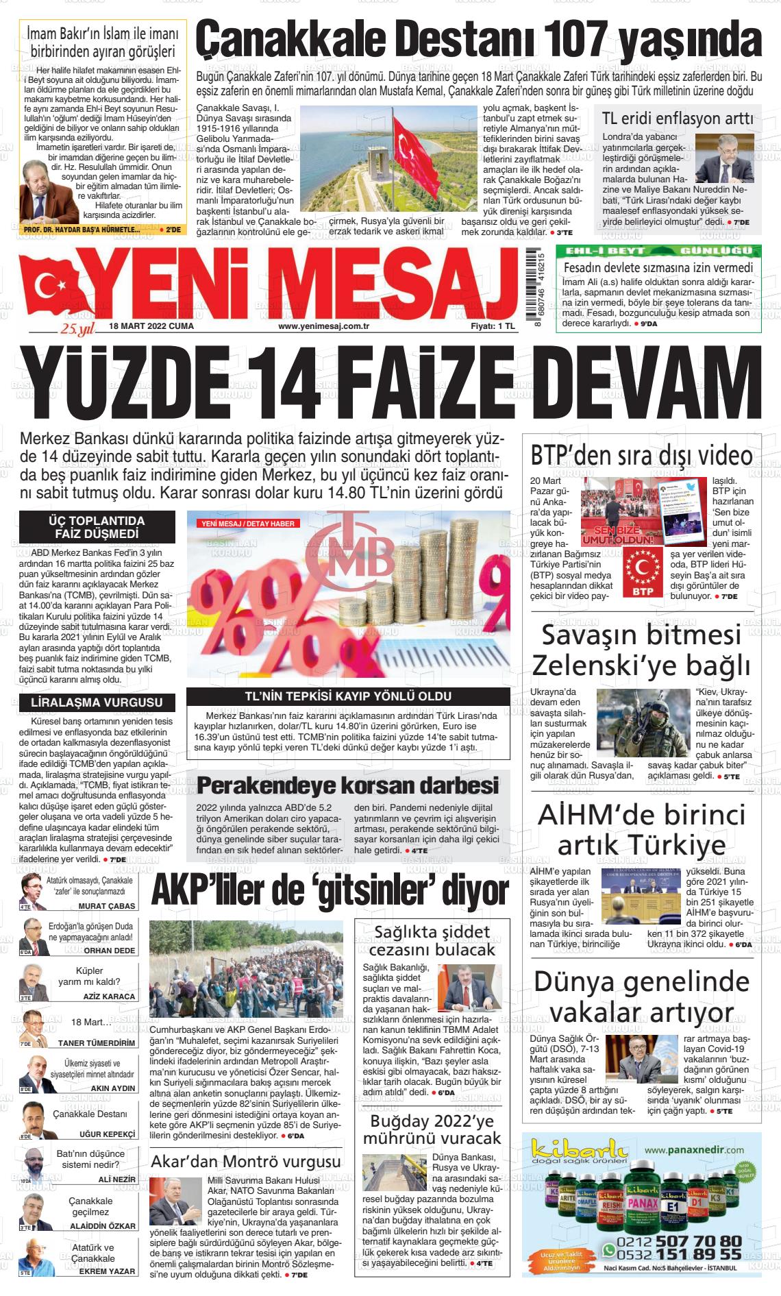 18 Mart 2022 Yeni Mesaj Gazete Manşeti