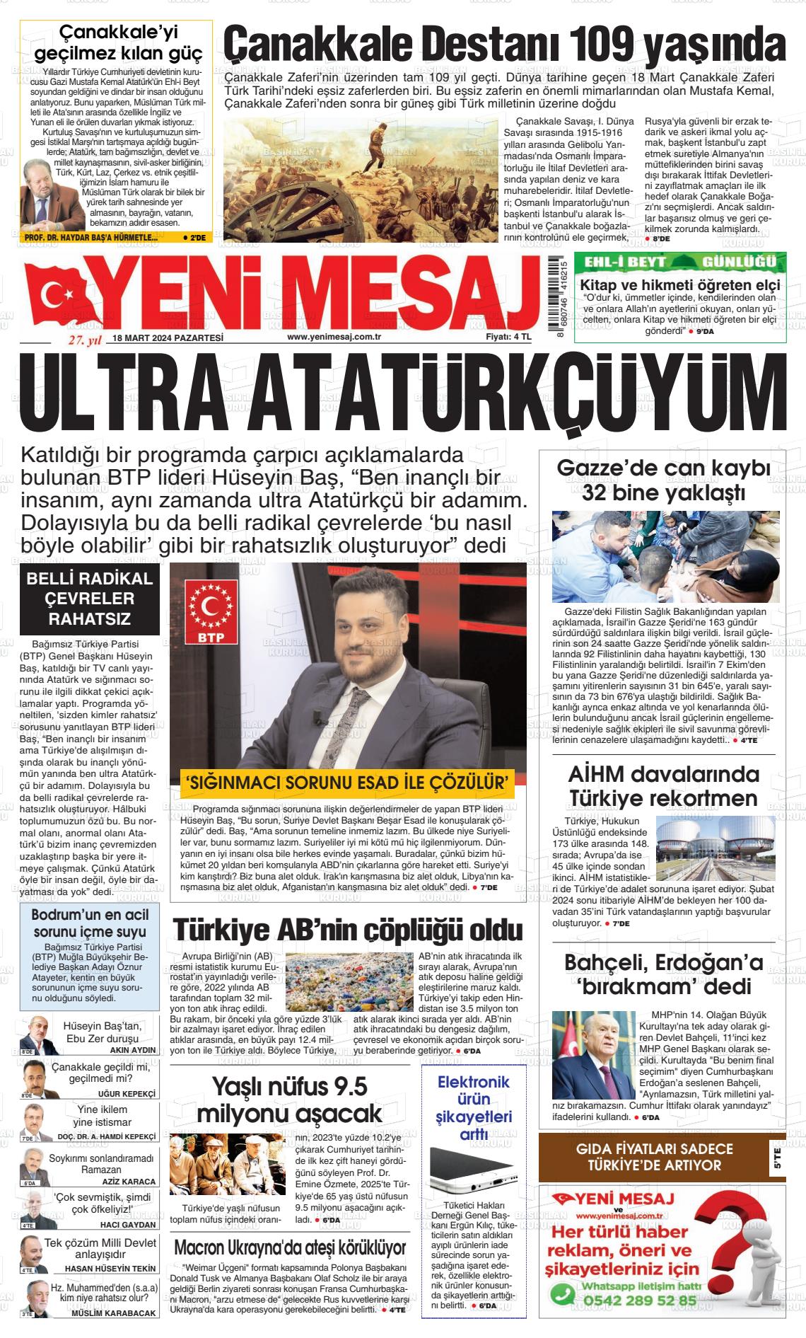 18 Mart 2024 Yeni Mesaj Gazete Manşeti