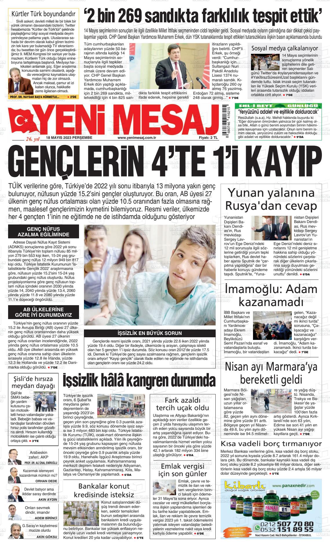 18 Mayıs 2023 Yeni Mesaj Gazete Manşeti