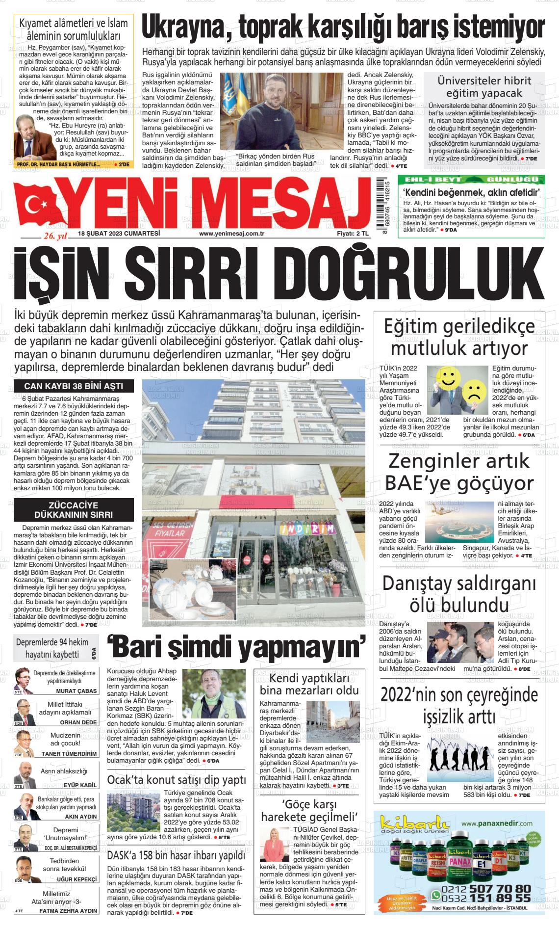 18 Şubat 2023 Yeni Mesaj Gazete Manşeti