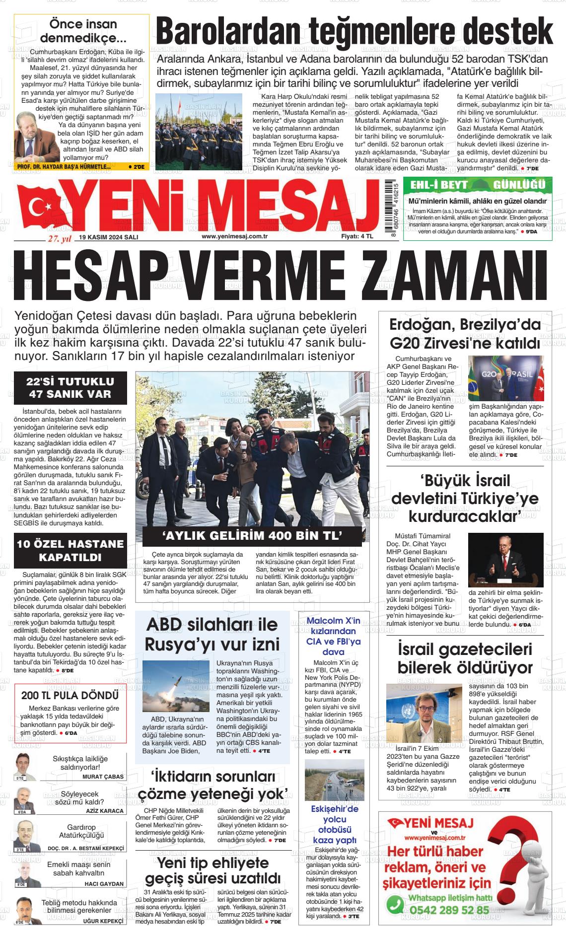 19 Kasım 2024 Yeni Mesaj Gazete Manşeti