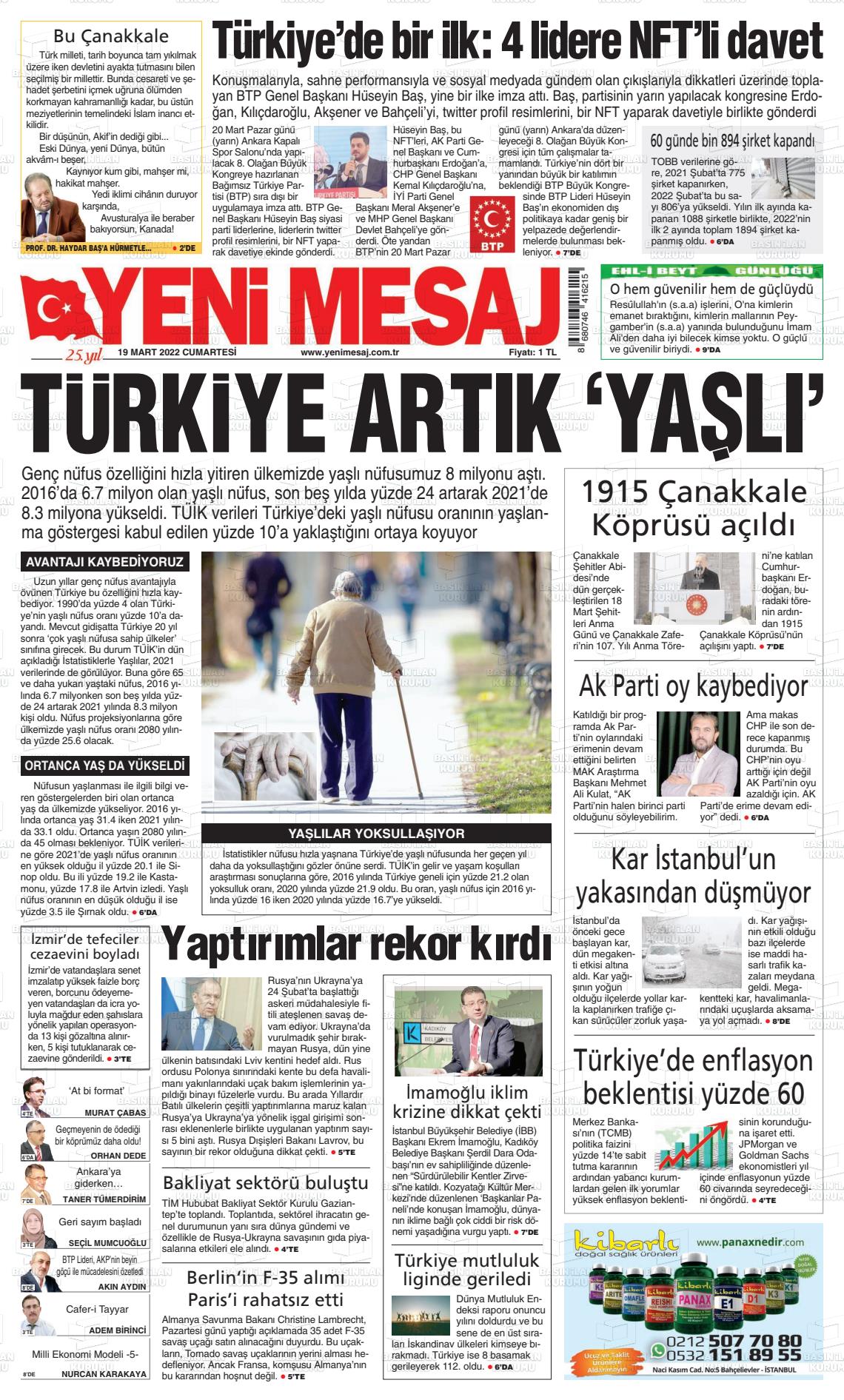 19 Mart 2022 Yeni Mesaj Gazete Manşeti