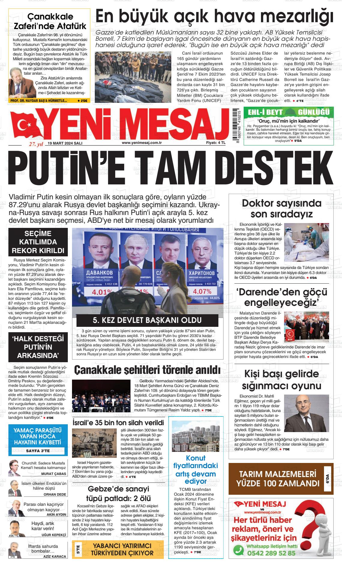 19 Mart 2024 Yeni Mesaj Gazete Manşeti