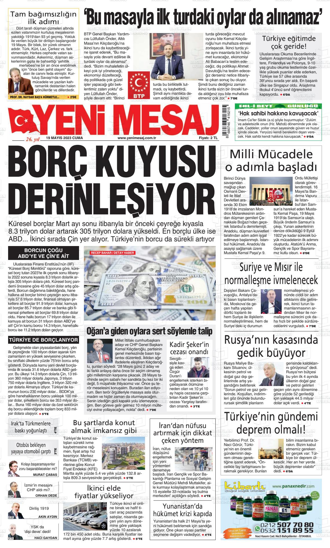 19 Mayıs 2023 Yeni Mesaj Gazete Manşeti