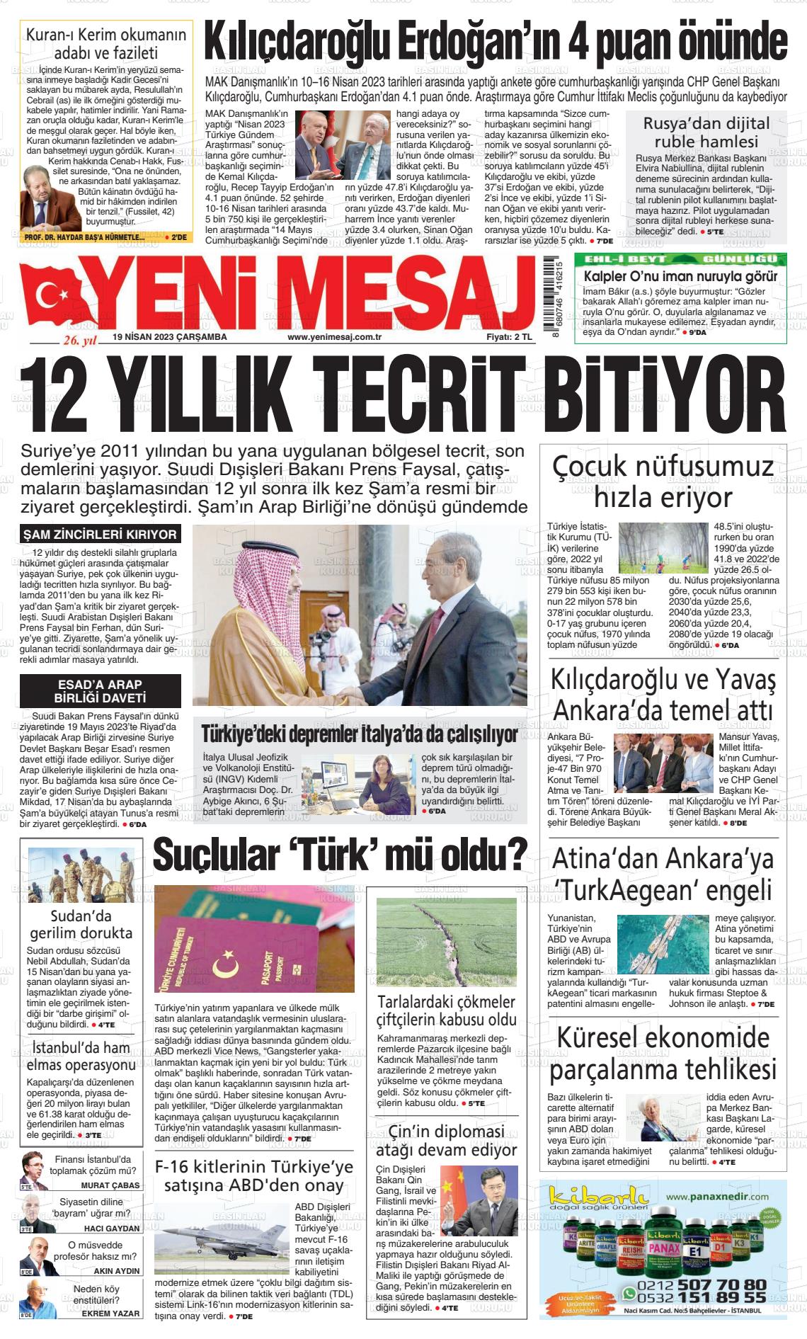 19 Nisan 2023 Yeni Mesaj Gazete Manşeti