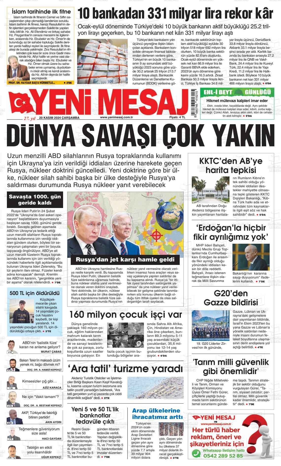 20 Kasım 2024 Yeni Mesaj Gazete Manşeti