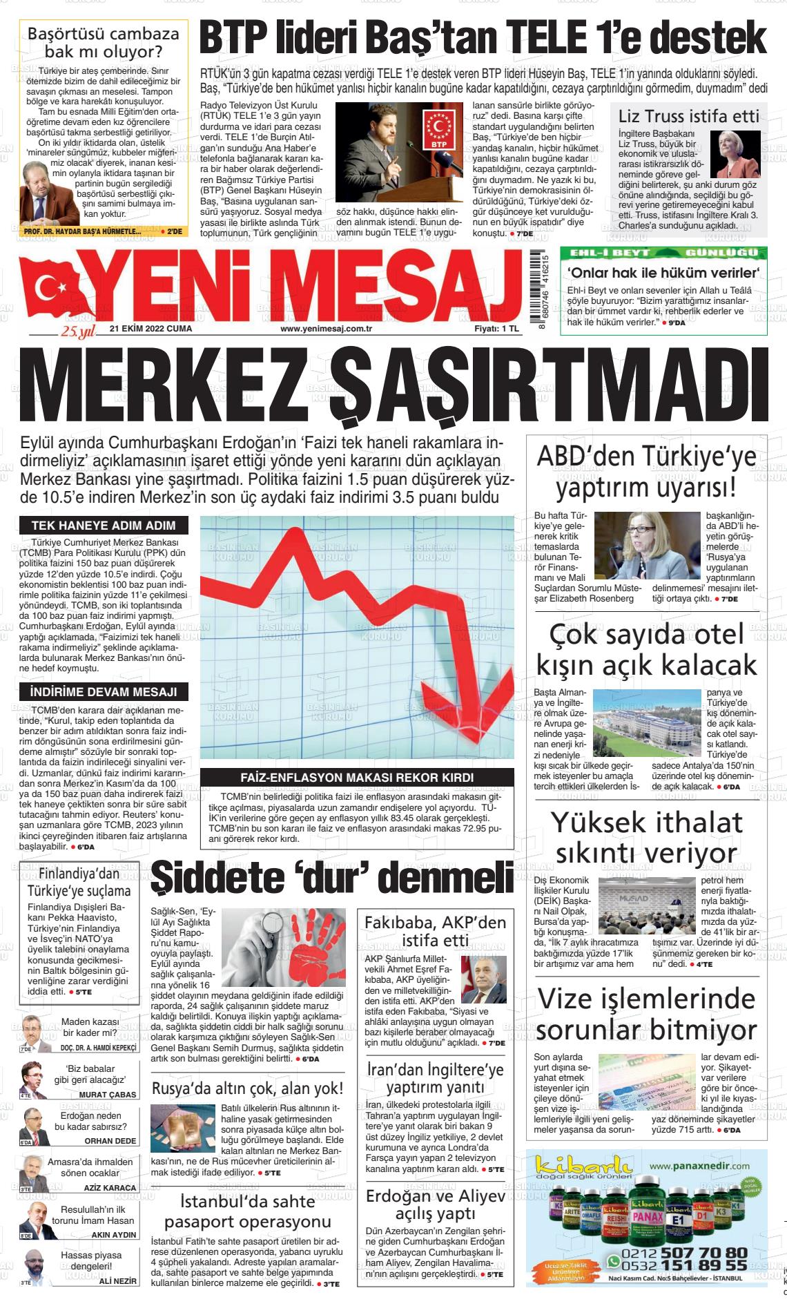 21 Ekim 2022 Yeni Mesaj Gazete Manşeti