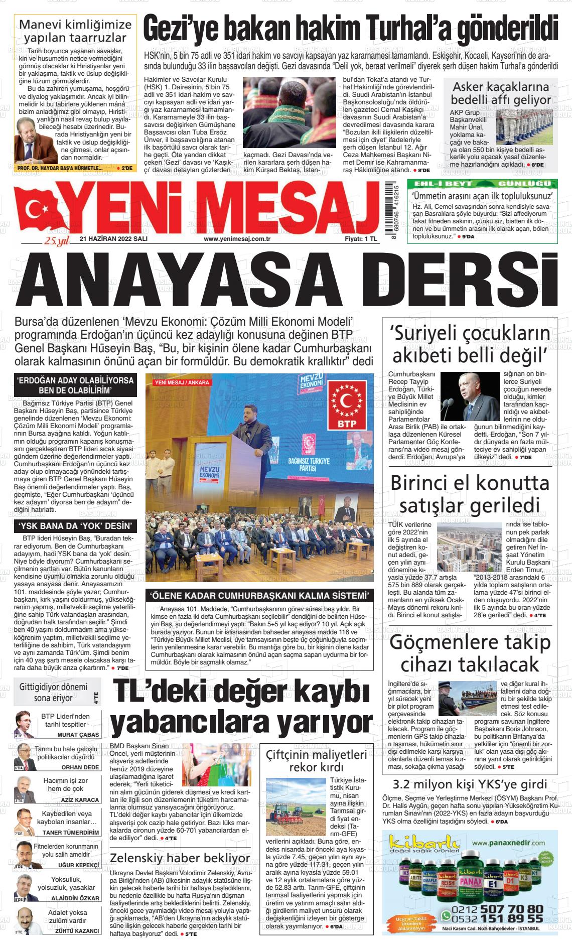 21 Haziran 2022 Yeni Mesaj Gazete Manşeti