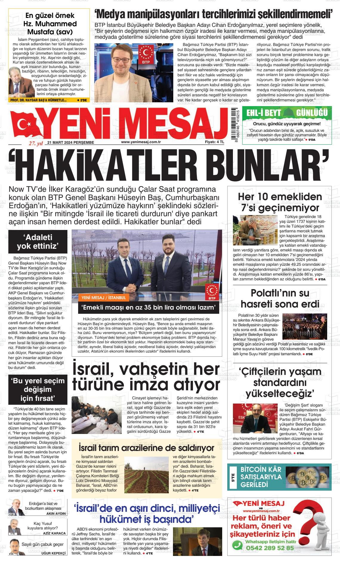 21 Mart 2024 Yeni Mesaj Gazete Manşeti