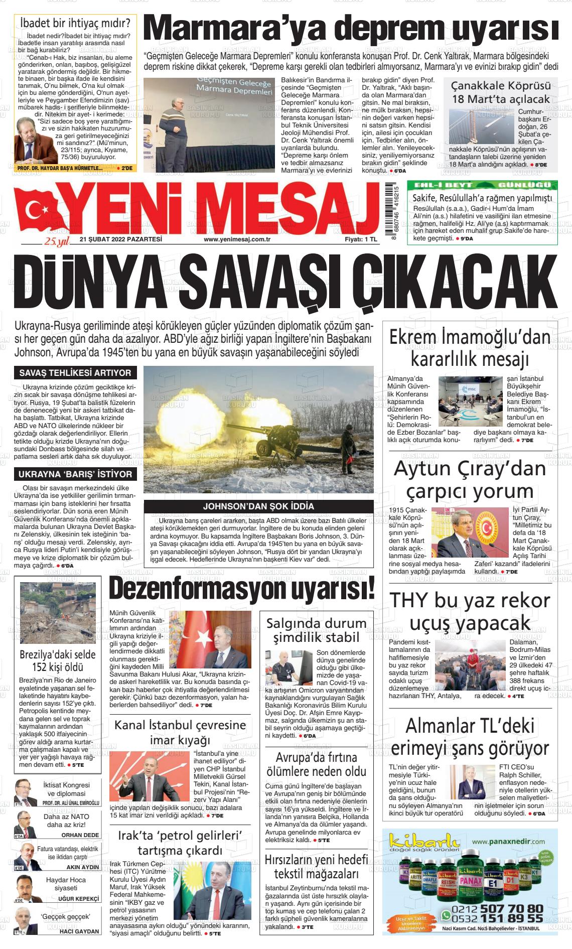 21 Şubat 2022 Yeni Mesaj Gazete Manşeti